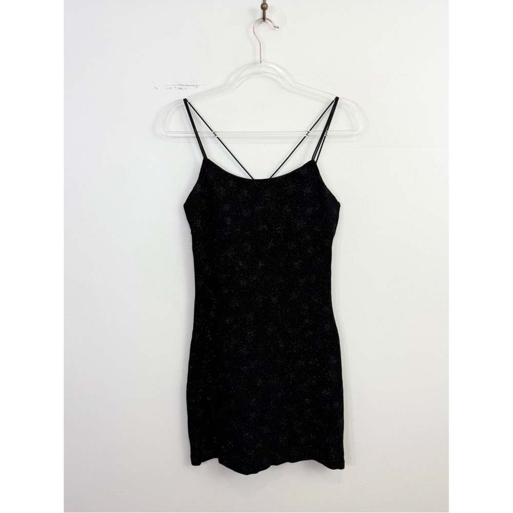 Vintage Byer Too California Black Glitter Strappy Mini Dress Y2K L